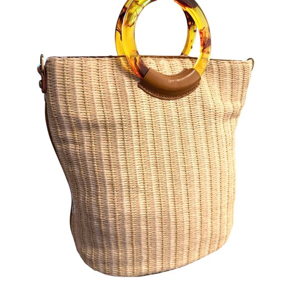 Hobo Sheila Raffia Circle Handle Tote Bag Straw Woven Tortoise Ring Handles - Picture 7 of 9